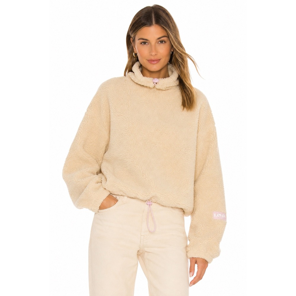 Levis Womens Sherpa Fleece‎ Pullover Cream Funnel Neck Bungee Sweatshirt Medium